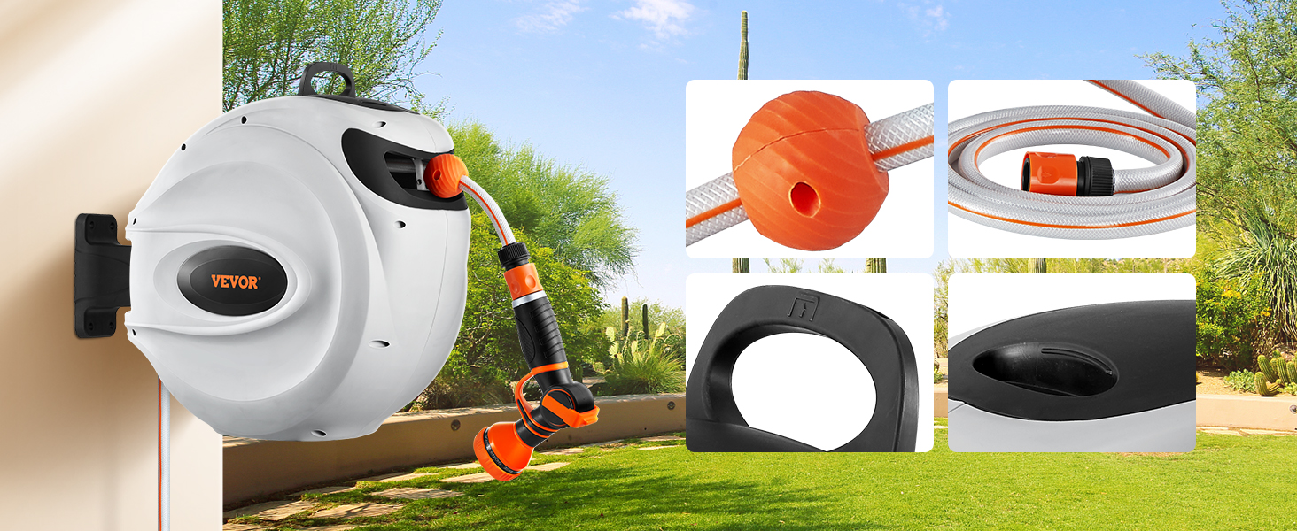 Шланг для поливу VEVOR 35 м з підключенням 12 мм з кріпленням на стіну, ручкою та автоматичним змотуванням. Комплектується розпилювачем з 9-ма режимами. Ідеально для поливу та миття автомобіля.