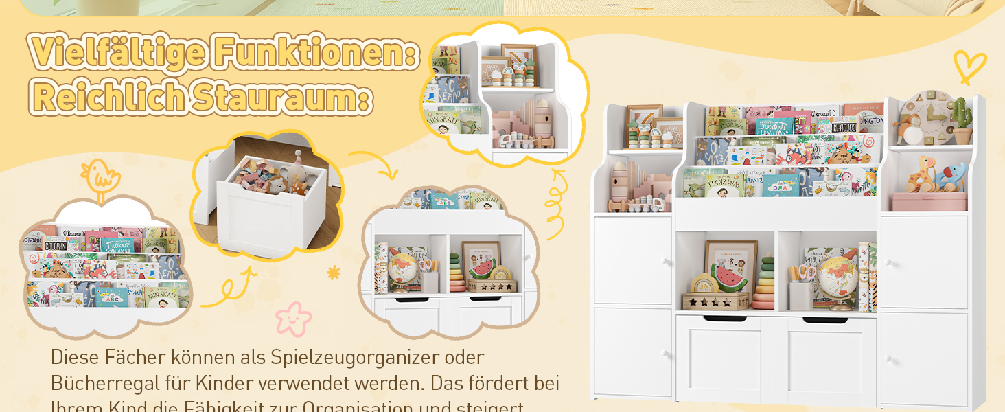 FOREHILL Дитяча полиця-стелаж для іграшок та книг, меблі для дитячої кімнати з ящиками, 122 x 30 x 100 см (білий)