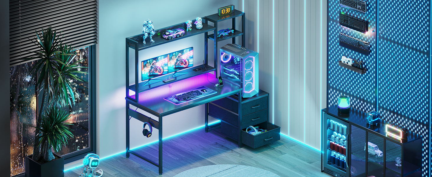 Ігровий стіл Coleshome з полицею та шухлядами, 137x48 см. Стіл для геймінгу з LED-підсвічуванням та розеткою, комп'ютерний стіл з місцями для зберігання та підставкою для монітора.