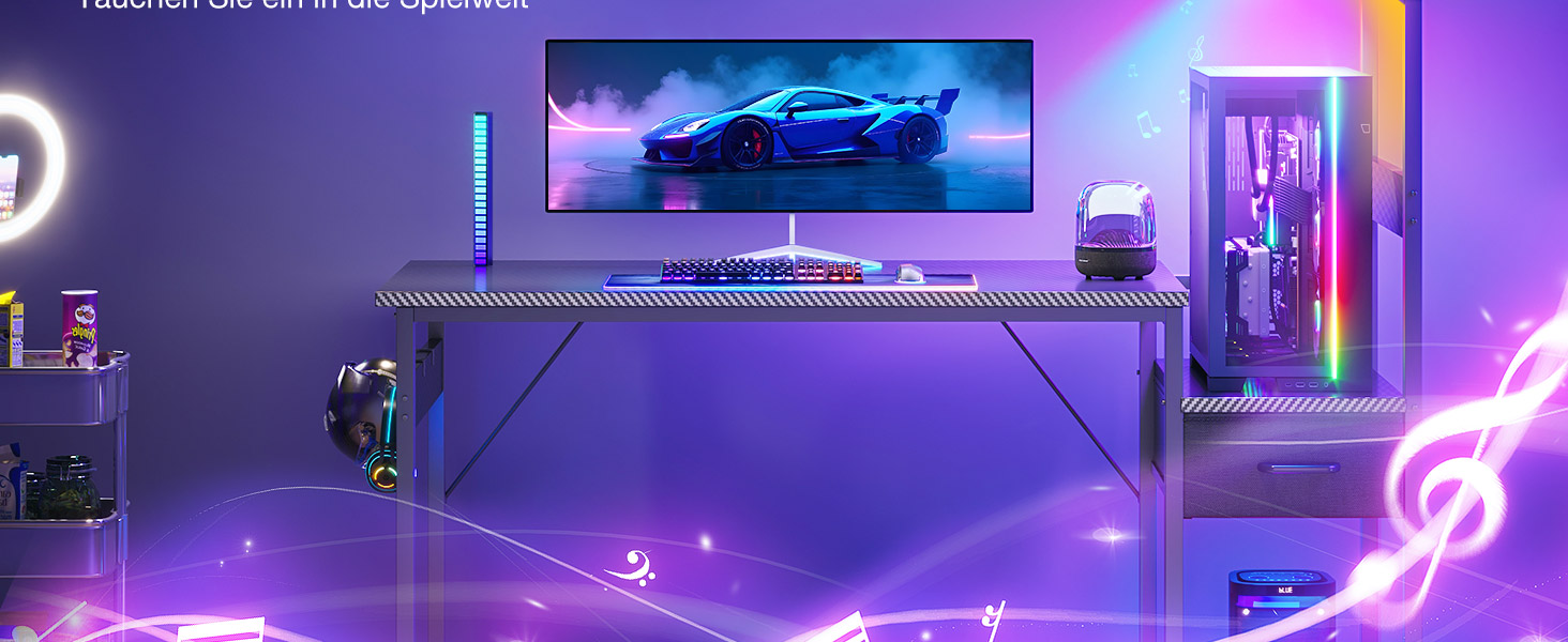 Ігровий стіл Coleshome з LED-підсвічуванням 120x48 см, з шухлядами та полицею, з підставкою для навушників, карбонове покриття чорного кольору