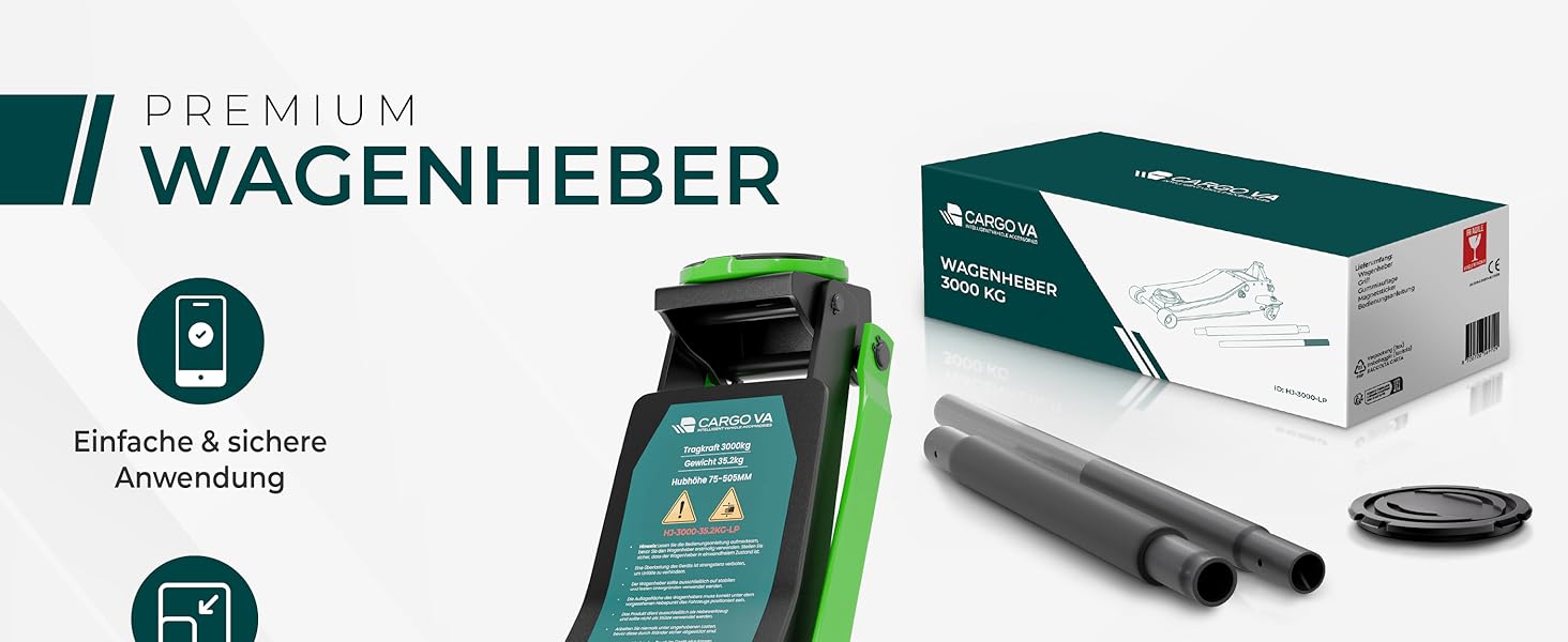 Гідравлічний домкрат CargoVA 3T з низьким профілем (75-505мм) + килимок + 2 гумові накладки | Для SUV та авто з низькою посадкою | Професійний набір для заміни коліс (TÜV)