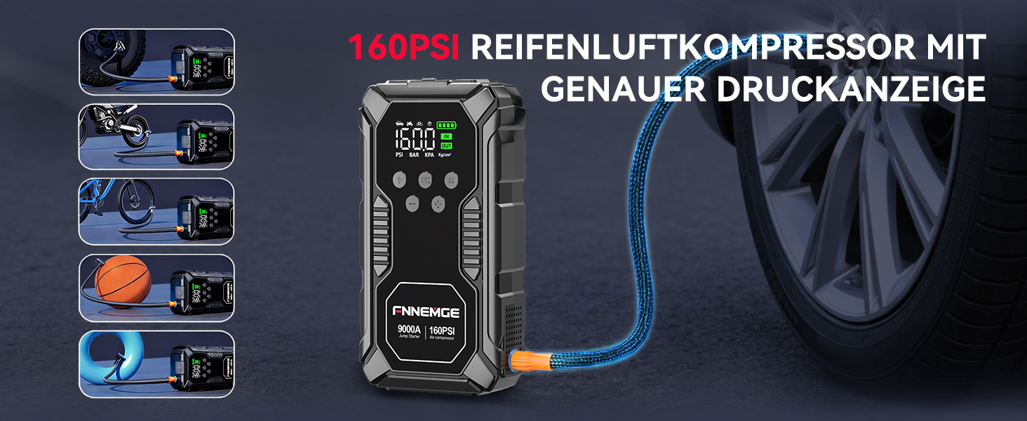 Пусковий пристрій (бустер) FNNEMGE 26800mAh 9000A з компресором 160PSI для авто 12V (бензин та дизель до 12.0L), Powerbank з LCD-екраном та LED-ліхтарем