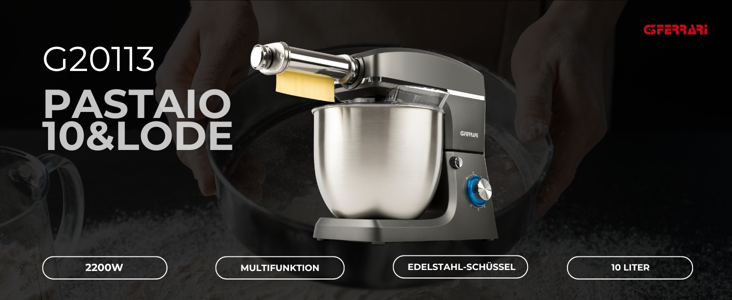 Кухонна машина Pastaio 10 & Lode, 1500 Вт, 10 літрів, нержавіюча сталь, 6 швидкостей, сірий колір