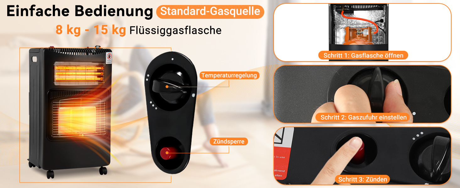 Газовий нагрівач для приміщень 4200W + 1260W: 3 режими, для газових балонів до 15кг, з регулятором та шлангом