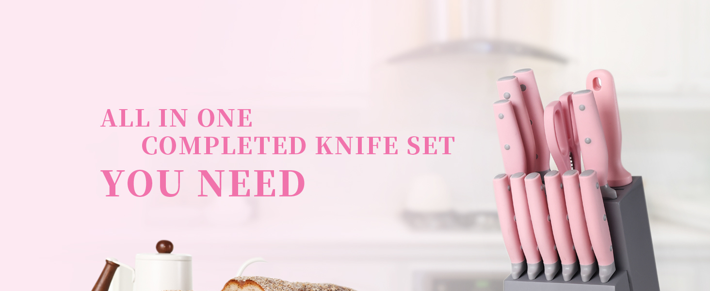 Набір ножів Hecef 14 предметів з дерев'яним блоком, професійний набір кухонних ножів з нержавіючої сталі, з ножицями, ножем для стейка та точилкою (рожевий)