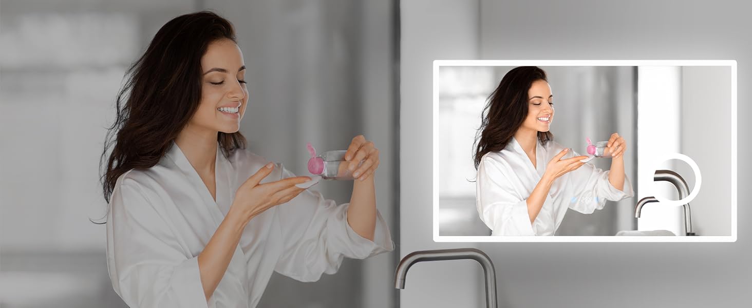 Дзеркало для ванної кімнати SONNI з підсвічуванням 80x60 см, 3 кольори світла, проти запотівання, LED, сенсорне управління, годинник, температура, 3x збільшення