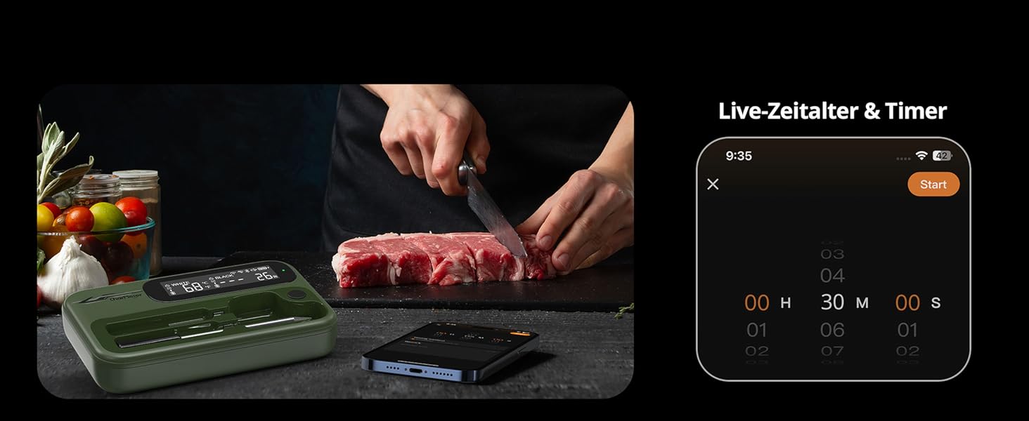 Бездротовий термометр для м'яса з 2 зондами, Bluetooth 5.4, Wi-Fi, LED-дисплей, для приготування BBQ та кулінарії