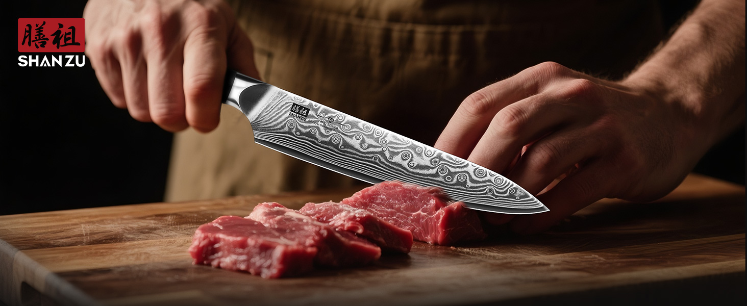 Японський ніж SHAN ZU 15 см з дамаської сталі, PRO Series - універсальний ніж для кухні з лезом з 67 шарів вуглецевої сталі та ручкою G10