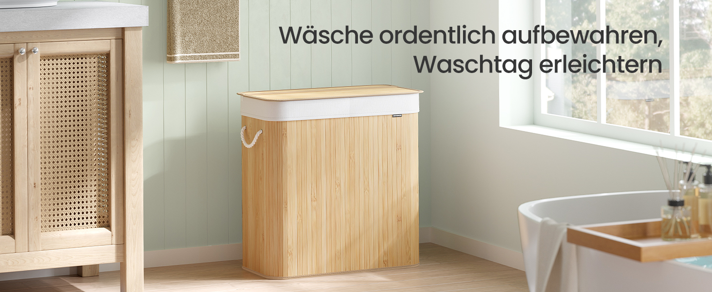 SONGMICS Кошик для білизни 95 л з кришкою, бамбук, з ручками, складний, знімний мішок для прання, для пральні, LCB060Y01