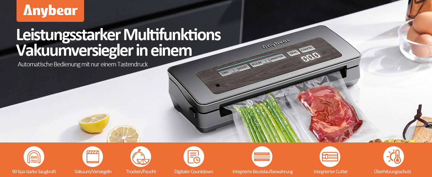 Вакууматор для продуктів з вбудованим різаком, 100 Вт, 90 кПа, цифровий таймер та відсіком для пакетів, сірий