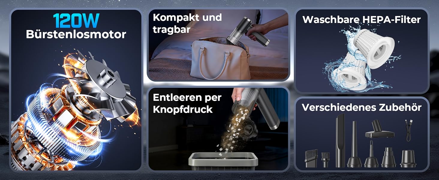 Акумуляторний ручний пилосос 4в1 Vac104, бездротовий автомобільний міні-пилосос 25000Па, безщітковий мотор 150000 об/хв, 6000mAh, для авто, дому та офісу