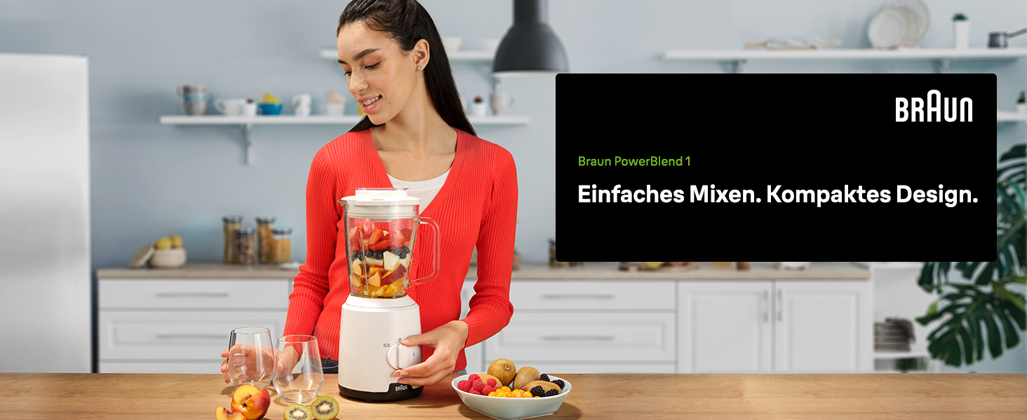 Блендер Braun PowerBlend 1 JB1050WH білий - скляна колба 1.5л, 600 Вт, подрібнювач, для смузі та льоду