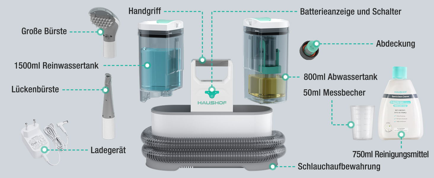 HAUSHOF StainZapper Pro: мийка для килимів та меблів, 450W, 12kPa, 1.5+0.8L, з миючим засобом та щіткою для швів. Ефективний видалення плям з килимів, диванів, меблів та авто.