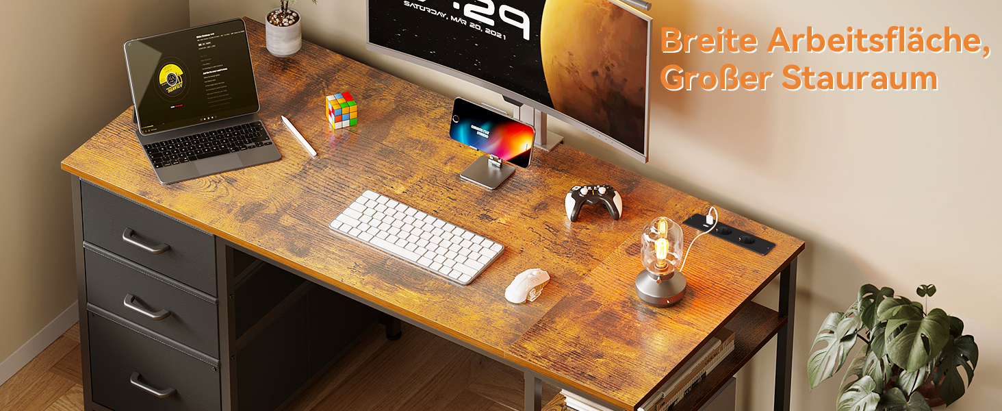 Комп'ютерний стіл Coleshome з ящиками з тканини, 130x48 см, з 2 розетками та 2 USB-портами, з полицею, для офісу/вітальні, коричневий, 130x48x75.7 см