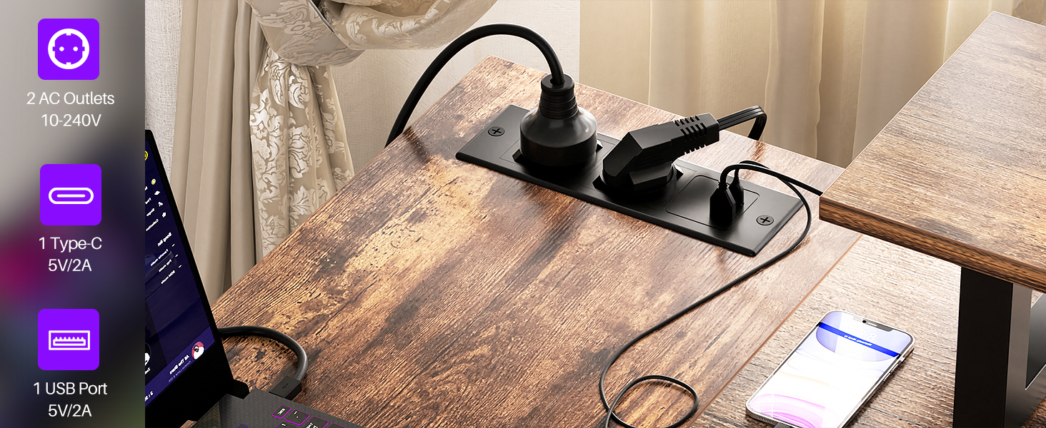 Кутовий ігровий стіл з LED-підсвіткою та розетками, 120x70 см, колір: сіра береза (рустикальний коричневий)