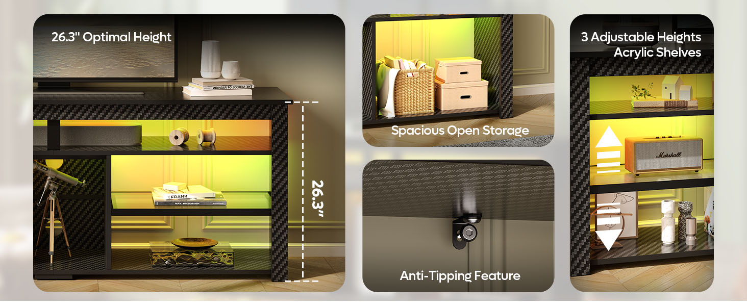 Тумба під телевізор Bestier 70 дюймів з LED-підсвіткою, для PS5, чорний мармур 160x33.8x66.8 см