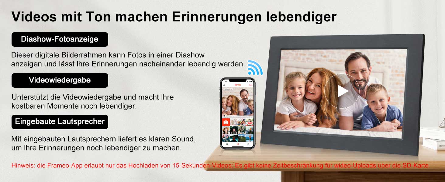 Frameo Цифровий фоторамка 10.1 дюйма з Wi-Fi, HD сенсорний екран, 16GB пам'яті, автоматичне обертання, віддалене завантаження фото та відео, чорний