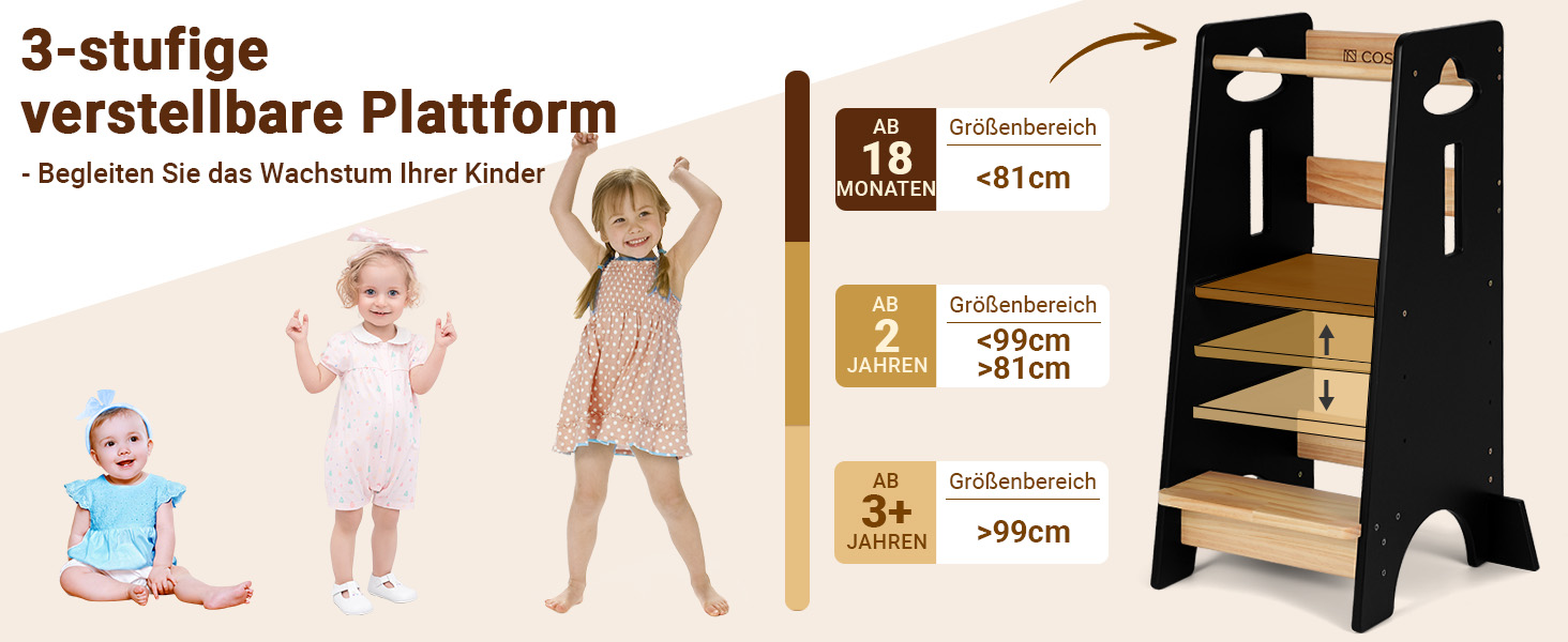 Дитяча підставка-помічник COSYLAND Lernturm (Montessori) з регулюванням висоти, 3 рівні, масив дерева з захистом від перекидання, натуральний колір та чорний (80 x 45 x 40 см)