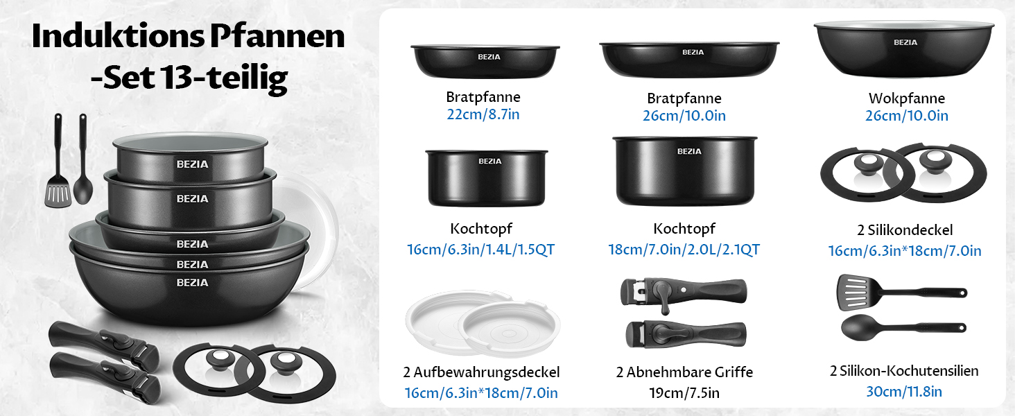 Набір антипригарних сковорідок BEZIA з суцільними ручками, для всіх плит, стакельне виконання, придатні для миття в посудомийній машині та духовці, без PFAS (сірий)