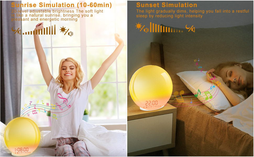 Будильник Cadrim з імітацією сходу сонця та заходу сонця, радіо, 7 природних звуків, FM-радіо, функція повтору, для дорослих та дітей, жовтий