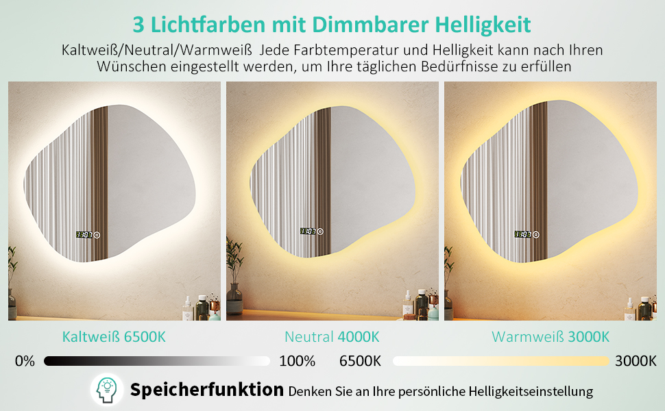 Дзеркало для ванної кімнати з підсвічуванням та годинником Boromal 50x70 см, 3 кольори світла, диммування, LED, сенсорне управління