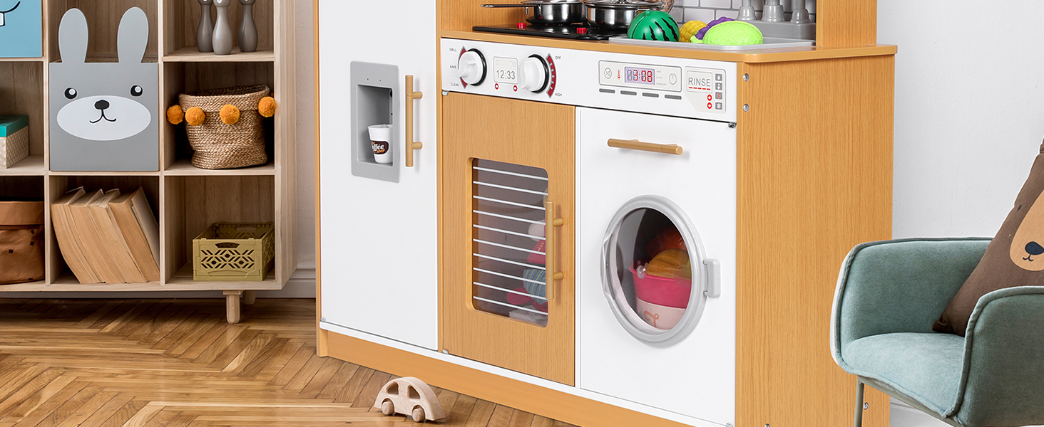 Дерев'яна дитяча кухня MAMIZO з підсвіткою та звуком, 82x80x25 см. Комплект аксесуарів, іграшка для дітей від 3 років, білий колір (біле дерево)