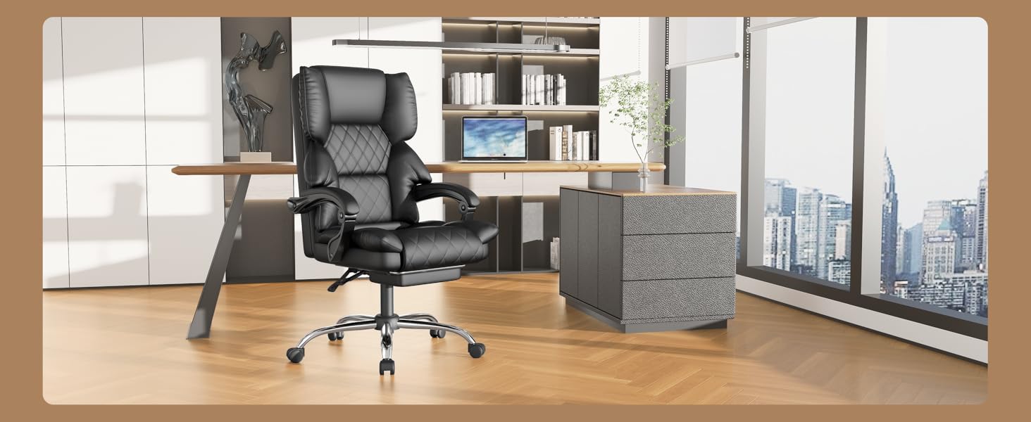 Офісний крісло-шезлонг для кухні від NaspaLuro з підніжкою, чорного кольору. Ергономічний комп'ютерний стілець з PU шкіри, м'якими підлокітниками та регульованою спинкою. Регульована висота, поворотний механізм. Без підігріву.