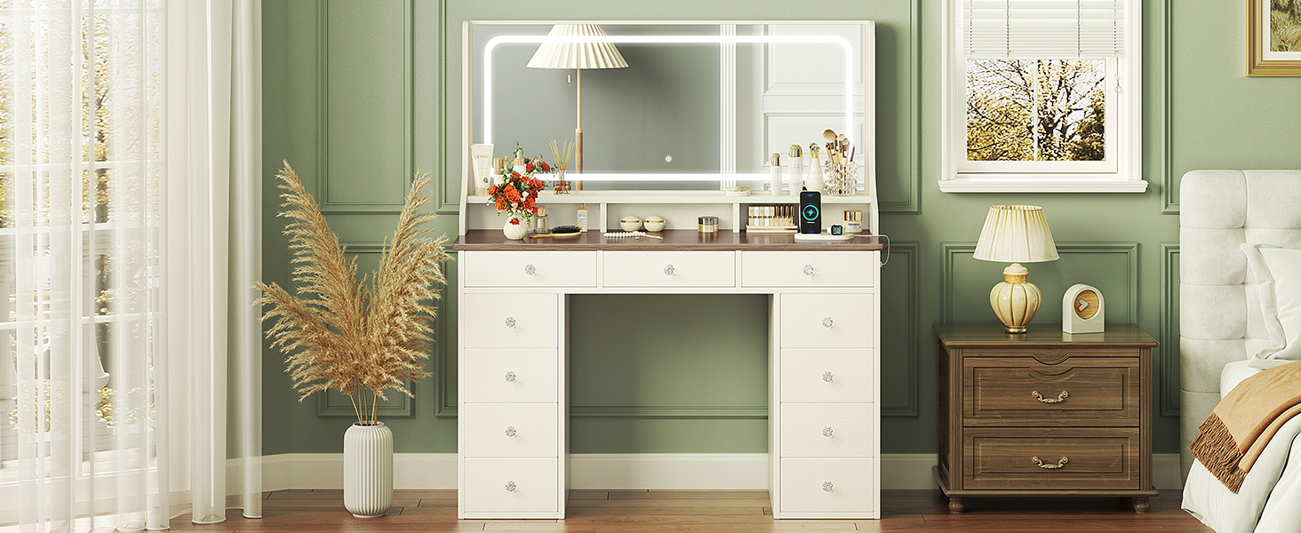 Дзеркальний туалетний столик Dripex з підсвічуванням, 11 шухляд, великий LED-дзеркало, розетка, регульована яскравість, білий (110см, вінтажний коричневий)