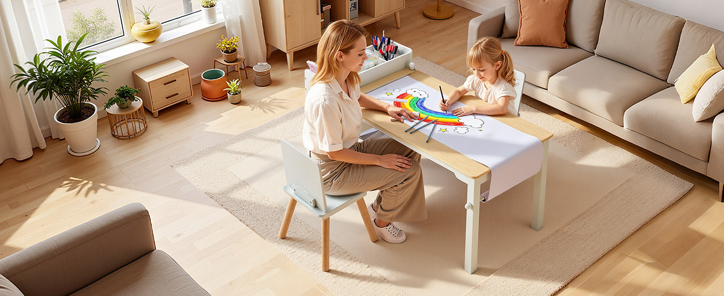 Дитячий стіл VEVOR з 2 стільцями та шафкою 3 ящики, набір для малювання, читання, письма, ігор, дитяча кімната, дитячий садок, білий + натуральне дерево, сучасний дизайн