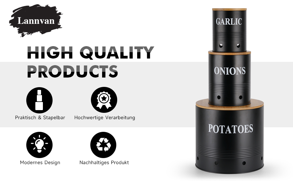 Набір контейнерів для зберігання картоплі, цибулі та часнику Lannvan | 3 шт. з бамбуковим кришками | З вентиляцією та захистом від світла (чорний)