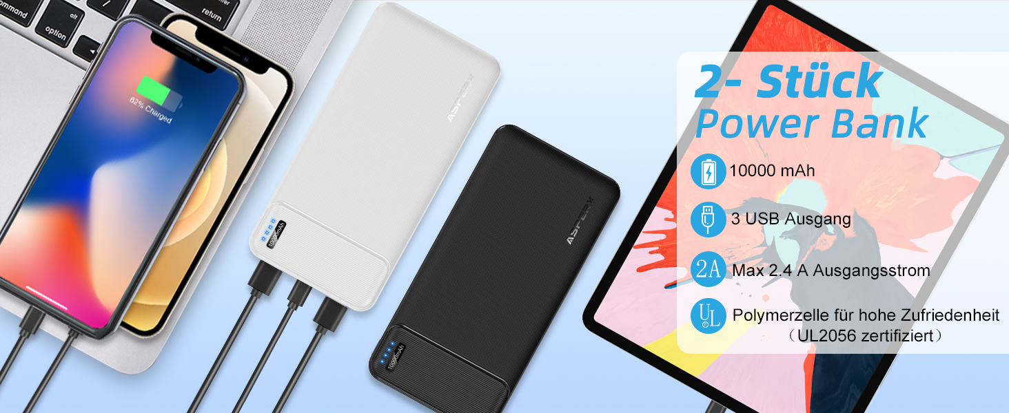 Набір з 2 шт. , тонкий, USB-C, 4 порти, сумісний з iPhone, Samsung (червонийсиній), 10000mAh