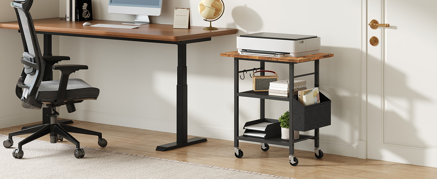 Трирівневий стіл для принтера з ящиком, контейнер на коліщатках, стійка для принтера, полиця для зберігання, в стилі індустріального лофту, з бічною кишенею, дерев'яна полиця, 2 S-гачки, для домашнього офісу, рустикально-коричневий та чорний, APTHR2501, 50 x 40 x 60 см