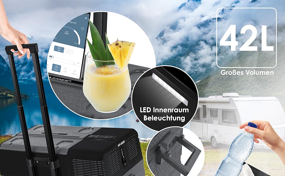 Автомобільний компресорний холодильник KESSER 42L з Wi-Fi, 12/24/230V. Морозильна камера до -20°C, колеса, телескопічна ручка для кемпінгу, фургону, вантажівки + 2 акумулятори холоду