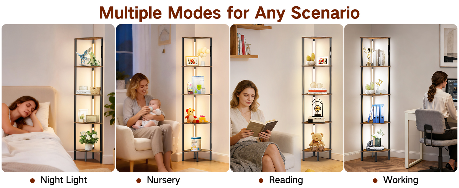 LED торшер з полицею, 3 режими світла, димування (сенсор/пульт), кутова полиця 5-рівнів, вузький книжковий стелаж для вітальні, спальні, офісу (білий)