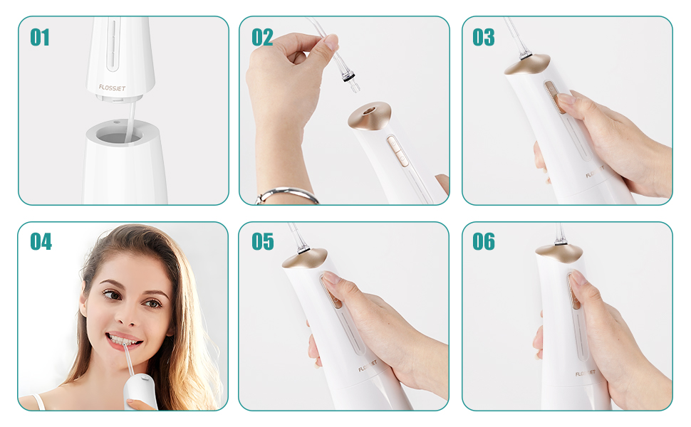 Бездротова портативна електрична ірригатор для рота FlossJet з 4 режимами, 5 насадками, об'ємом 300 мл та USB-C зарядкою. Ідеальна зубна гігієна та догляд за яснами. (Білий/Опудалий сад)