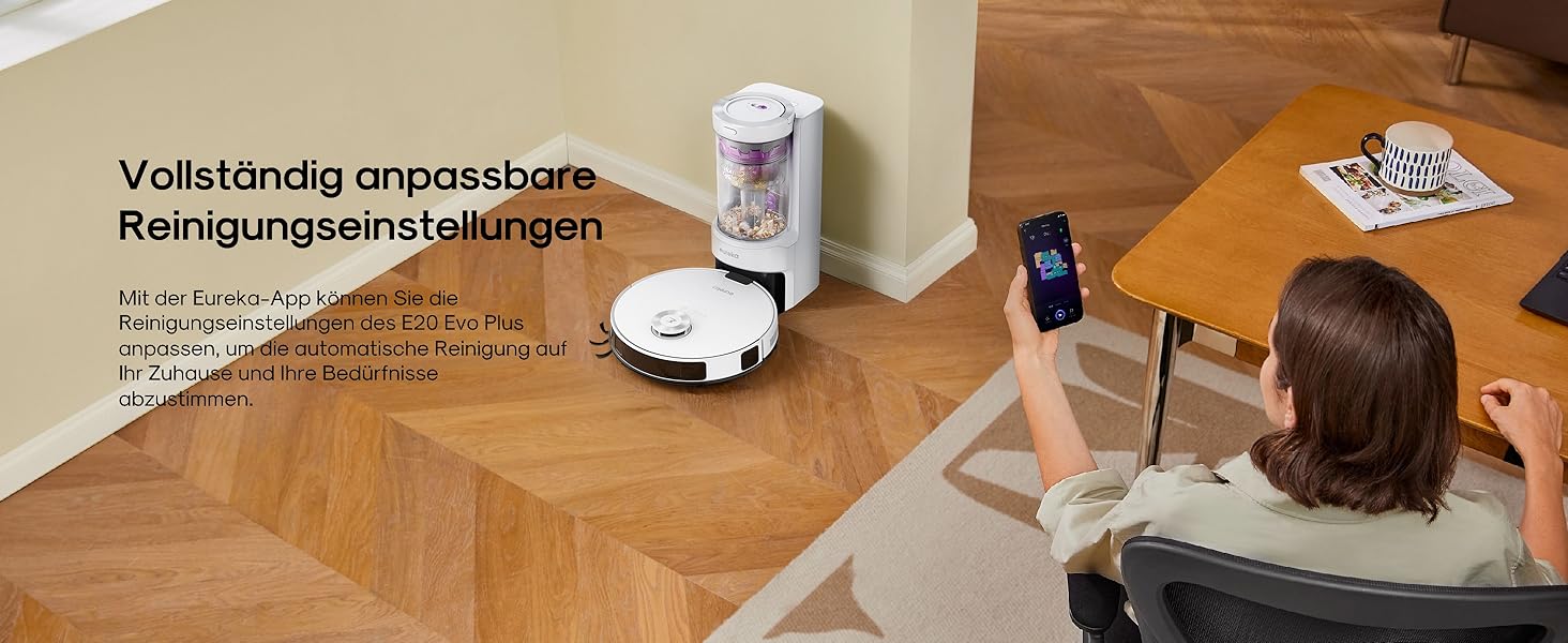 Робот-пилосос Eureka E20 Plus з потужністю 8000 Па, самостійною станцією очищення, функцією запобігання заплутування, 3D уникнення перешкод, 180 хвилин роботи, DuoDetect AI, білий