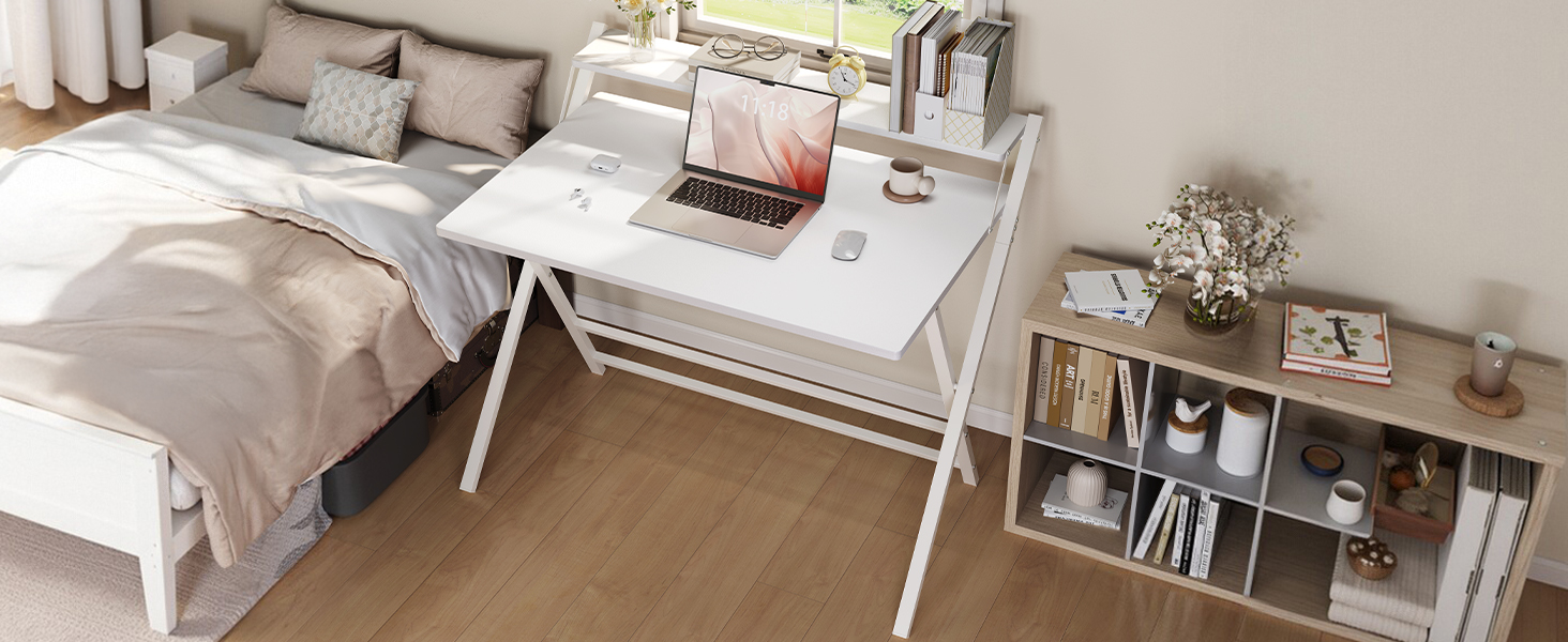 Зламуваний стіл Yaheetech 80 см, комп'ютерний стіл з полицею, двоступеневий робочий стіл з підставкою для монітора, стіл для ноутбука для домашнього офісу/маленьких кімнат/вітальні, білий, 80 см x 50 см, білий, 106.5x60.5x90 см