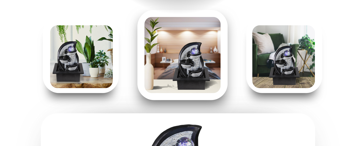 Настільний фонтан BMF-VERSAND® з RGB підсвічуванням та обертовою скляною кулею – декоративна лампа з RGB LED, кімнатний фонтан з підсвічуванням, сірий колір, куля, 4 ступені