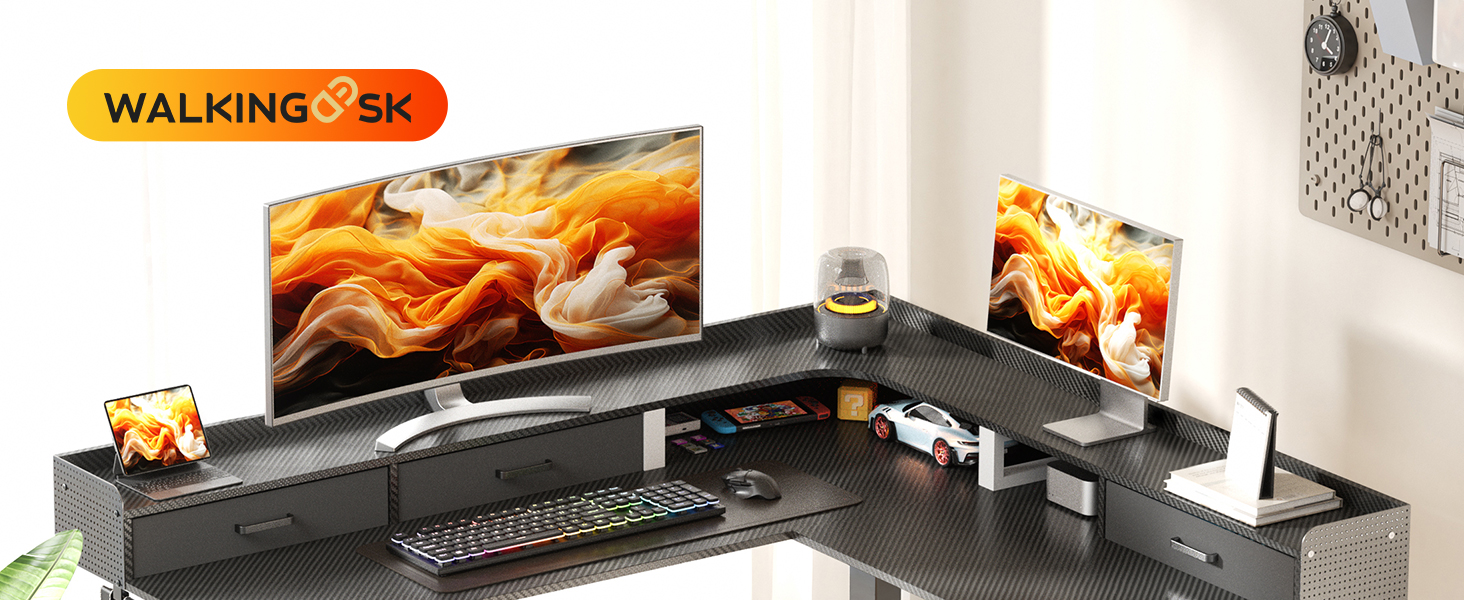 Регульований кутовий стіл L-подібної форми, електричний, 160 x 140 см, з 3 висувними ящиками. Стіл для офісу, роботи, геймінгу, стоячи/сидячи. Чорний колір.