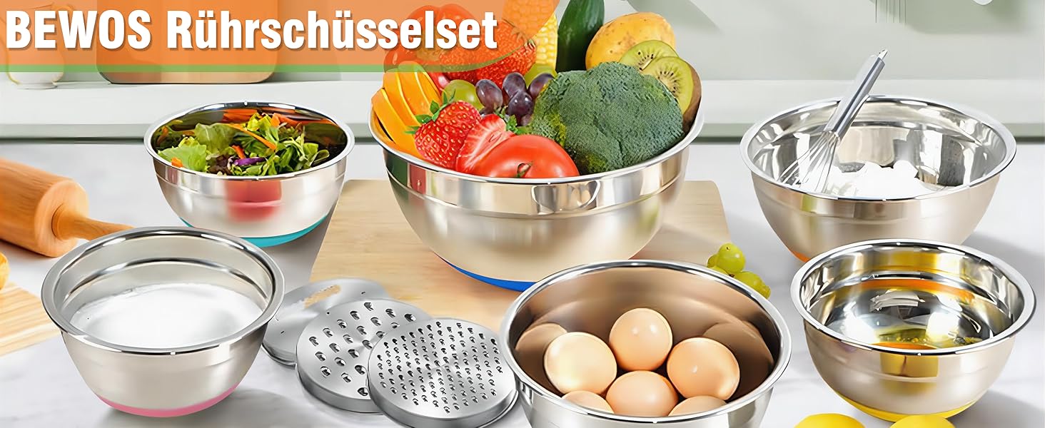 Набір міксерів BEWOS 7 шт. з кришкою, нержавіюча сталь, різні розміри (0.7-4.5 Qt)