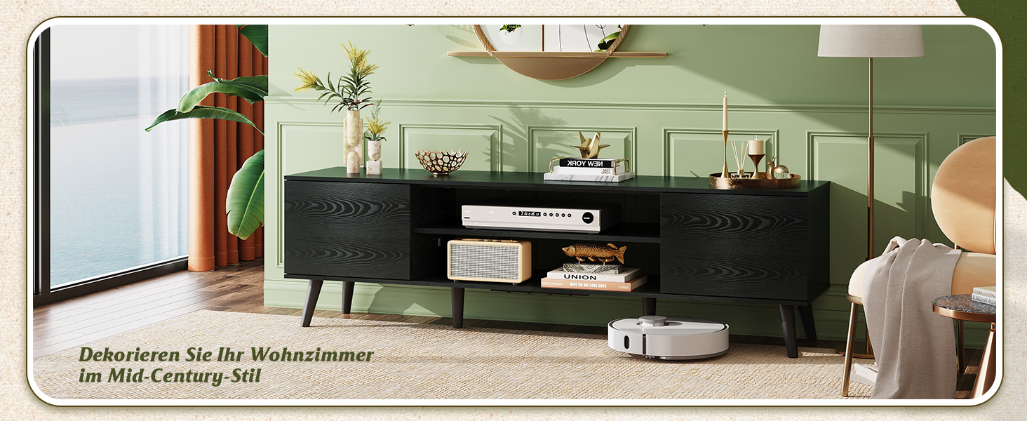 Тумба під телевізор WLIVE Schwarz 160x40x47 см, чорна, з 2 дверцятами та 2 відкритими полицями для вітальні, спальні, їдальні