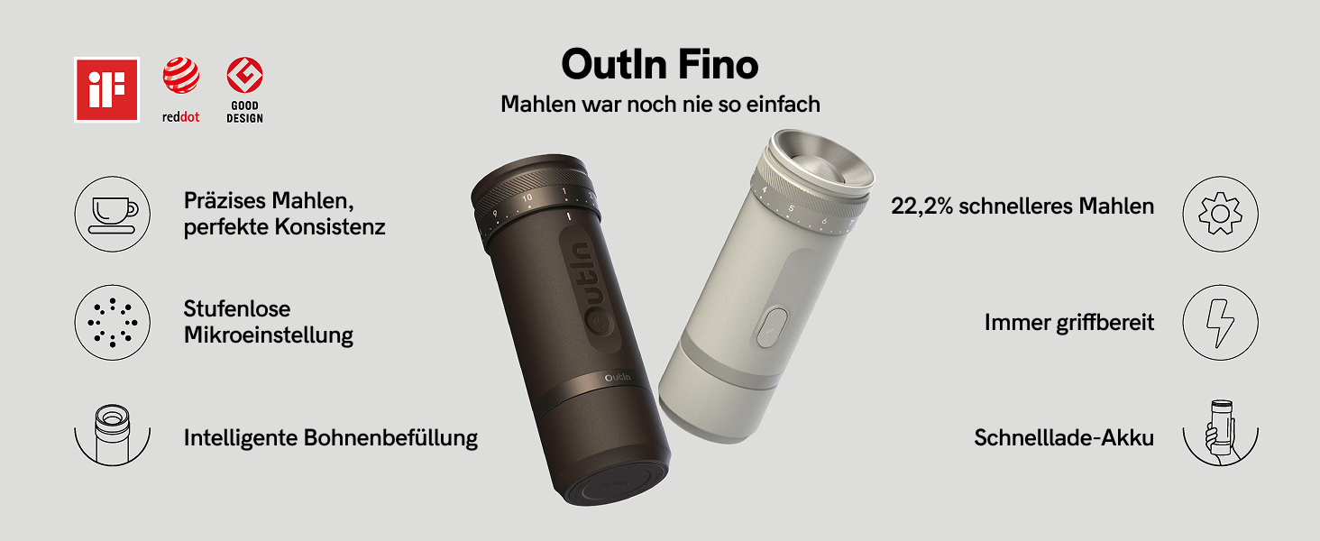 Портативна електрична кавомолка OutIn Fino з конічним жорнами - 28 ступенів помелу, конус з нержавіючої сталі, керування однією кнопкою, швидка зарядка, для подорожей та дому, Tundra Brown