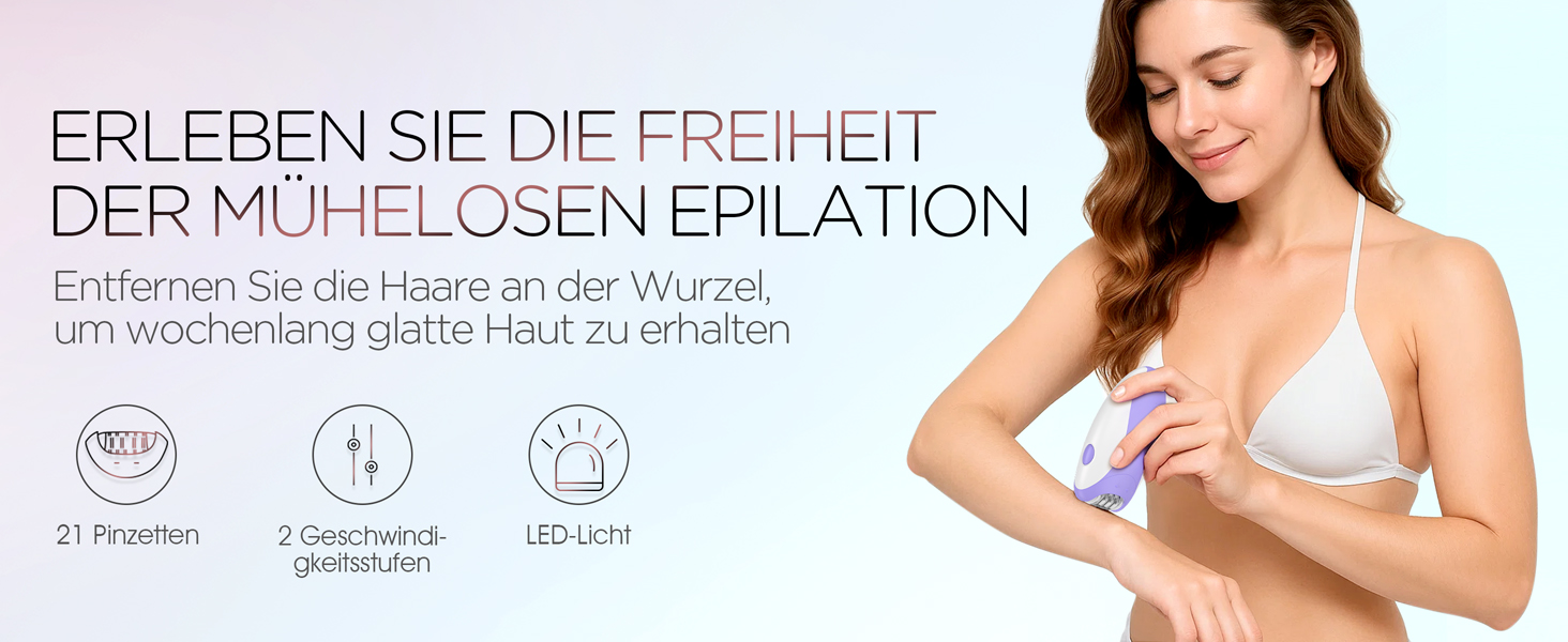 Електричний епілятор для жінок HR110 з LED-підсвіткою, 21 пінцетом та 2 швидкостями, акумуляторний пристрій для видалення волосся на ногах та руках (Фіолетовий)