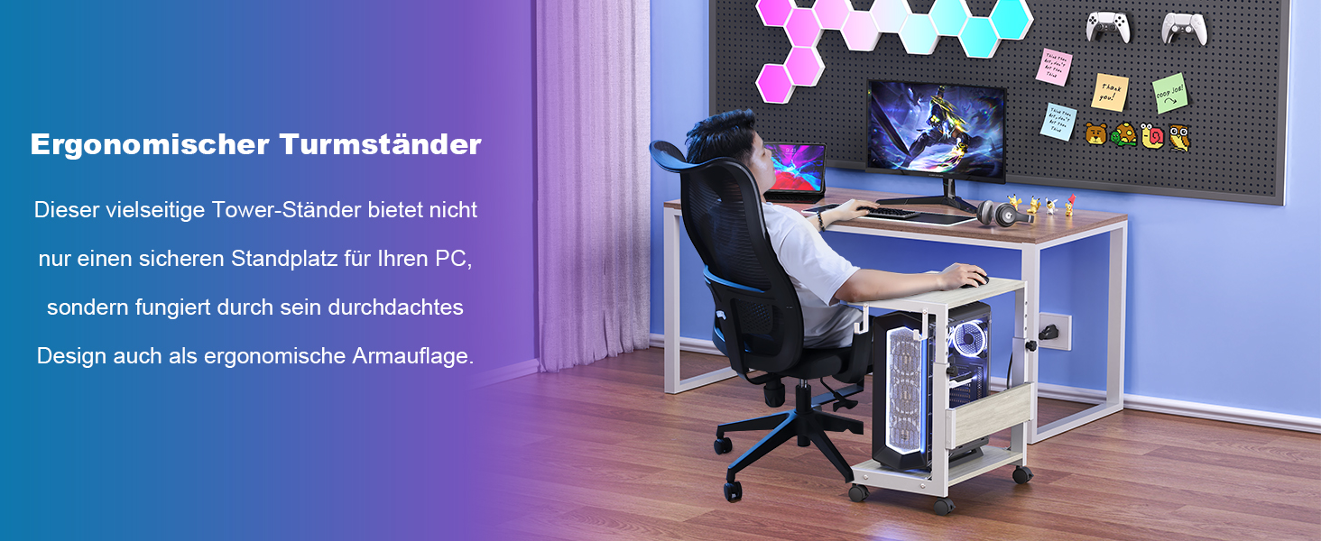 Регульована підставка для комп'ютерного блоку з 2 полицями та місцем для зберігання – для корпусів ATX, принтерів, з фіксуючими колесами (білий, W44 x D30 x H44-59.5см)