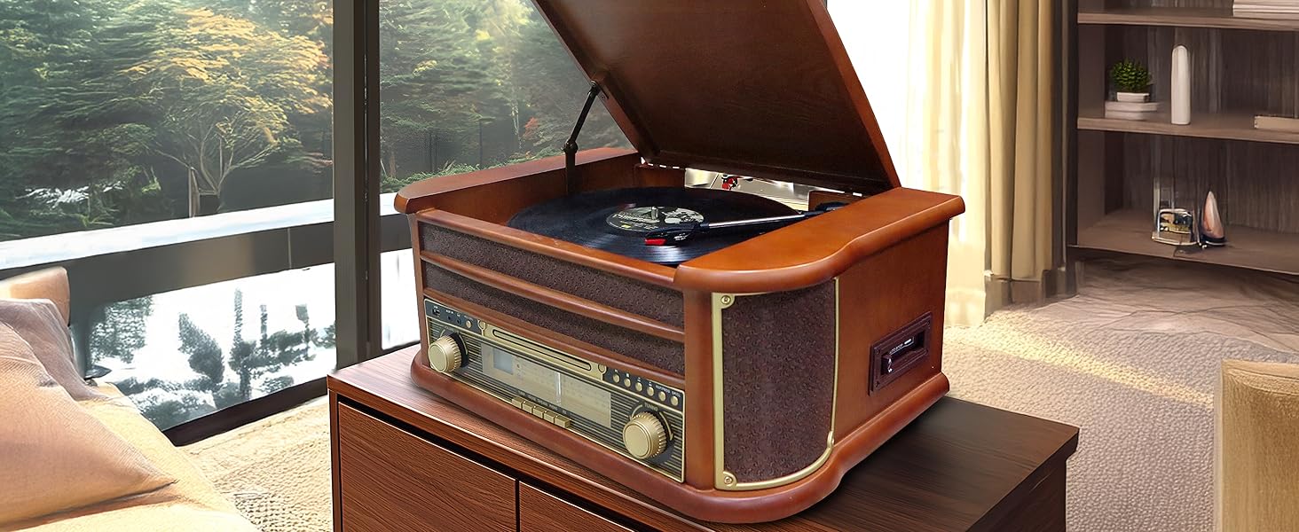 Ретро музичний центр Nostalgie з Bluetooth, касетною декою, CD/MP3/USB програвачем, радіо, програвачем вінілових платівок, AUX IN, записом MP3 та пультом