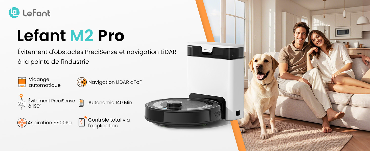 Робот-пилосос LEFANT M2 Pro з вологою тканиною, 5000Pa, лазерна навігація, LiDAR dToF, 150 хв, розпізнавання килимів, керування через додаток/голос, для видалення шерсті тварин, чорний