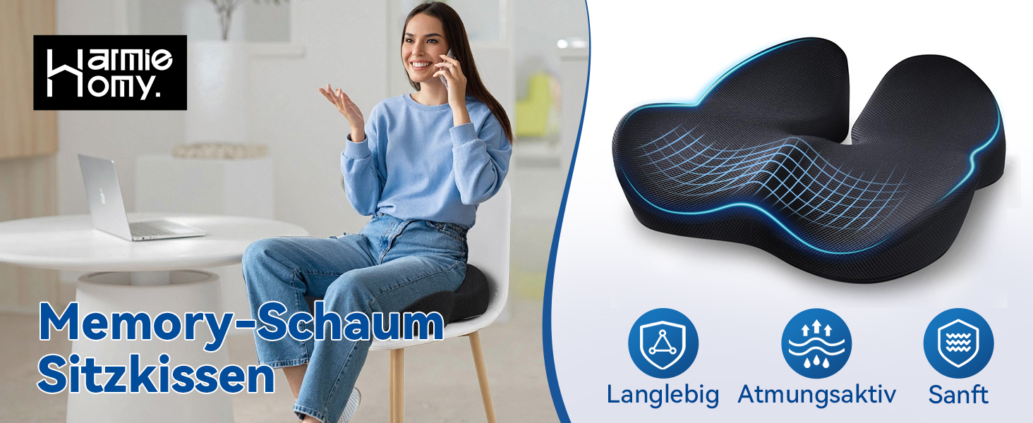 Подушка ортопедична для сидіння Warmiehomy з піни memory foam для офісного крісла, автомобіля: підтримка куприка, геморою, покращення кровообігу 38.5x45.5x11.5 см