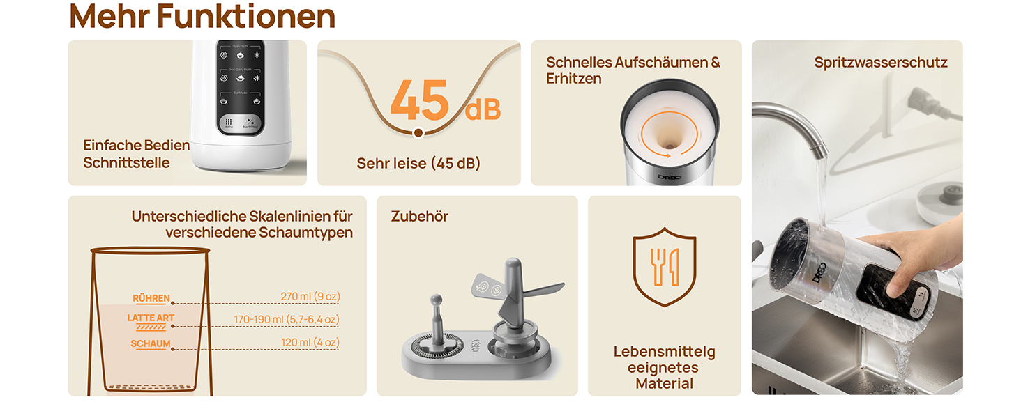 Dreo електричний спінювач молока 8-в-1 для лате арт, 270 мл, з підігрівом, LED, білий
