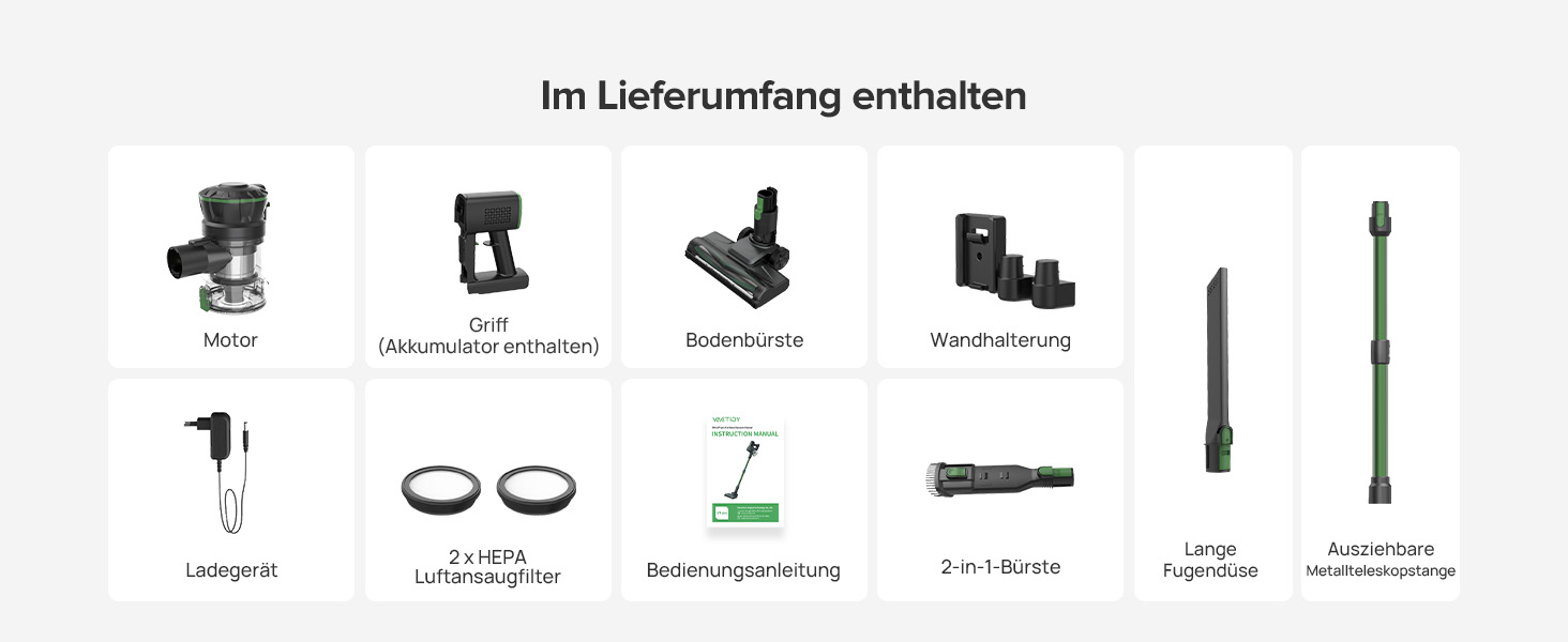 Бездротовий пилосос Vexilar Akku: 60 хв роботи, 45 kPa, 550 W, безщітковий мотор, LED дисплей, 6-в-1, тихий, для дому/авто, тверді підлоги, килими, шерсть тварин, зелений