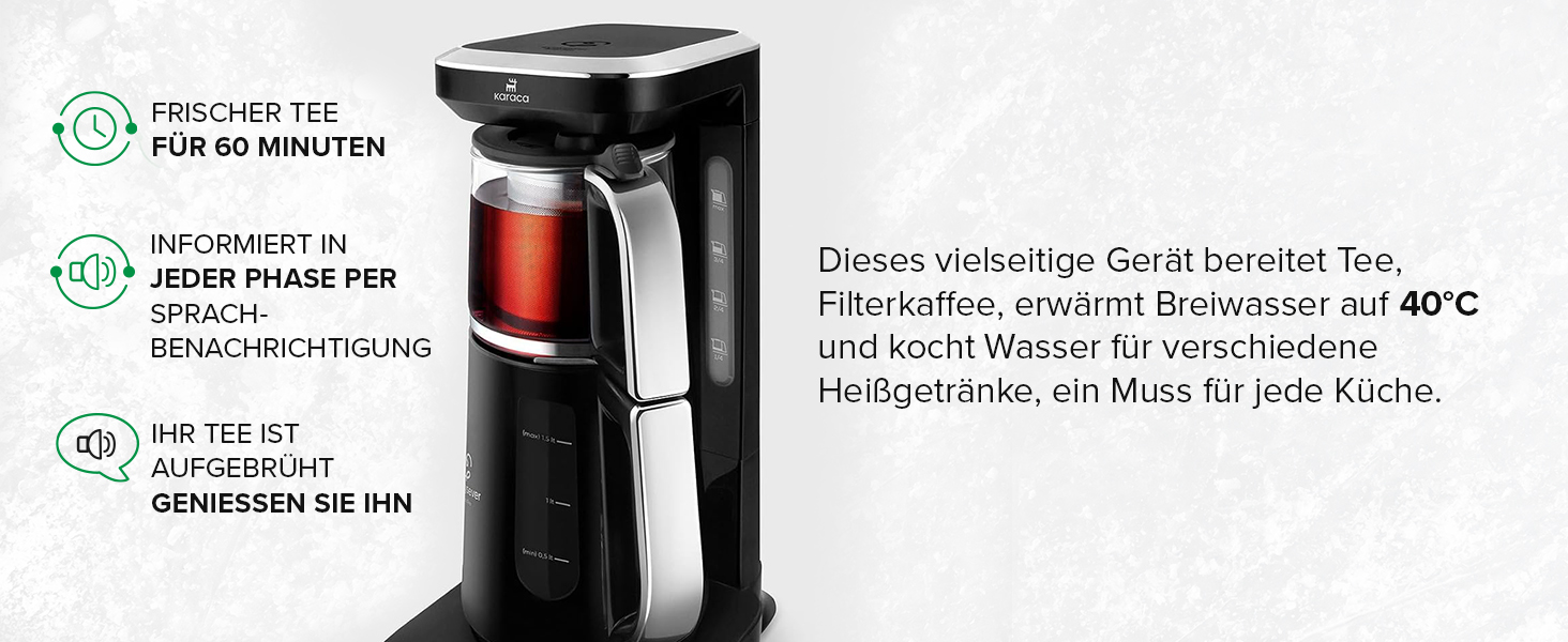Чайоварка-робот Karaca Çaysever Pro 4-в-1: чайник, кавоварка, фільтр-кавоварка, 2500W, чорний & хром, з індикатором свіжості та голосовими підказками (великий, хром)